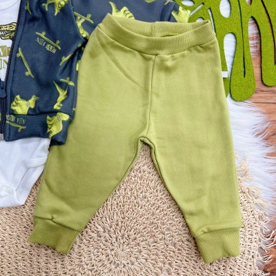 Conj. Jaqueta com Capuz, Body Manga Longa Dino Skatista e Calça de Moletom - Cinza e Verde